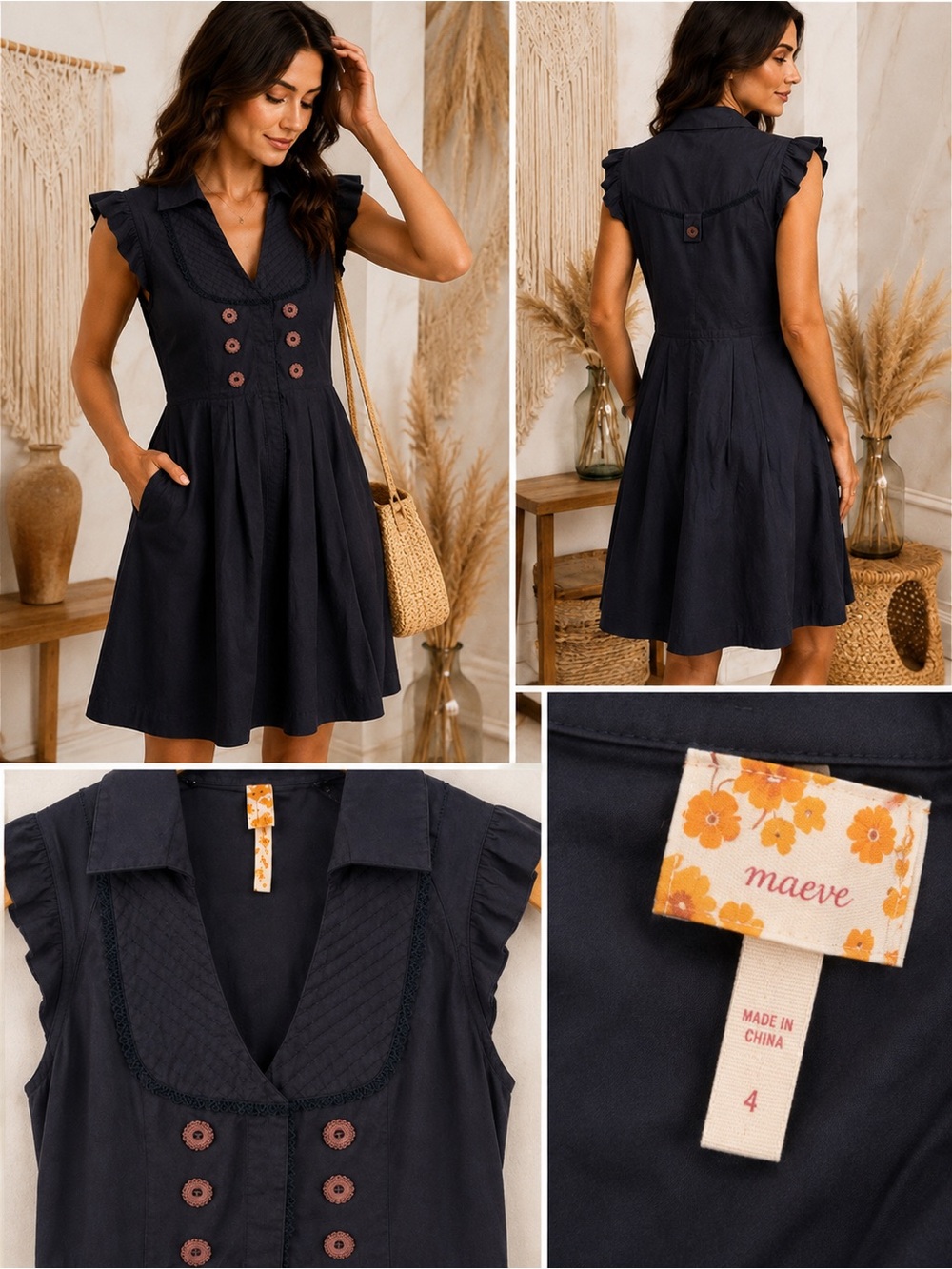 Maeve Navy Button-Front V-Neck Mini Dress Size 4